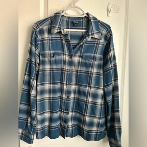 Patagonia Fjord Flannel Shirt Womens 10 Blue Plaid Organic Cotton Longsleeve Top